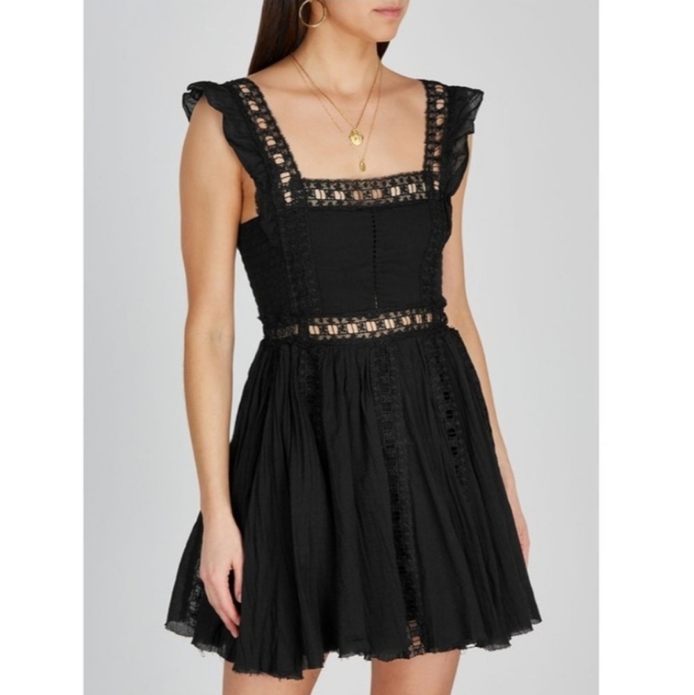 Free People Black‎ Verona Mini Dress Elegant Black Lace Trim Mini Dress